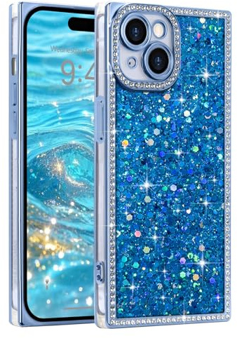 LAPOPNUT Glitter Case for iPhone 15 Plus/14 Plus, Bling Rhinestones, Blue | Sparkly Bling Sequin, Crystal Diamonds Camera Protection, Rasied Rectangle Protective Shockproof Cover,Cute for Women Girls