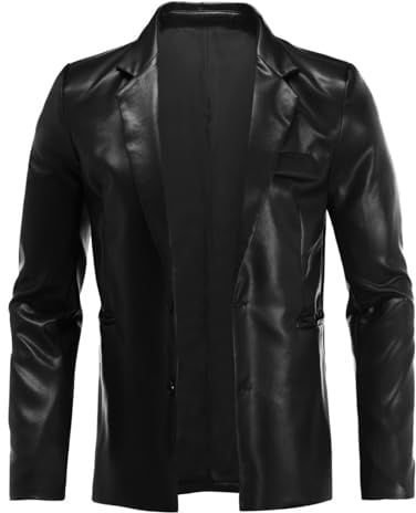 YFFUSHI Blazer Homme en Cuir Veste en Similicuir Slim Fit Vintage Soirée | Blouson Décontracté, 2 Boutons, Revers Crantés, Fente Arrière, Élégant, Doux, Déperlant