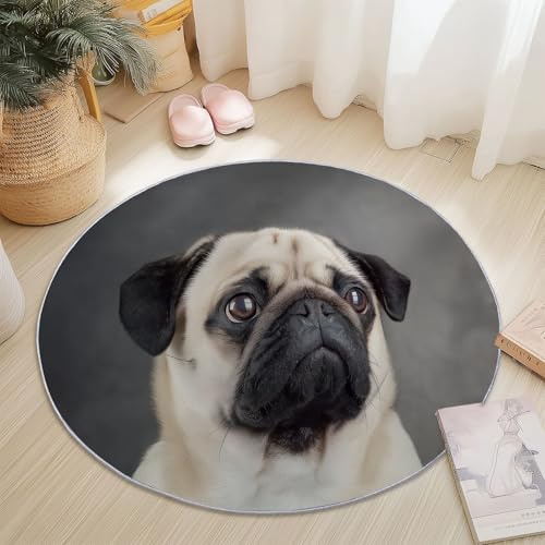 Generisch Runder Teppich Moderner Mops Muster Waschbar rutschfest, Kurzflor Teppich Wohnzimmer Weich für Schlafzimmer Esszimmer Küche Flur Innen Rund 60 cm Grau