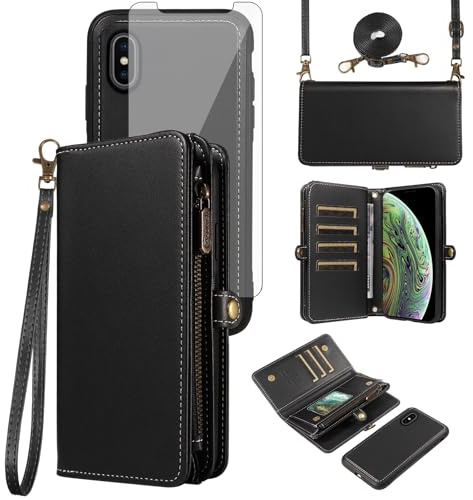 Asuwish Coque pour iPhone XS Max Portefeuille avec Verre Trempé et Cordon Porte Carte Magnétique Chaine PU Cuir à Clapet Étui Housse Support i X 10 10s Plus 10xs XSMax Téléphone Case Vitre Femme Noir