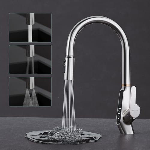 Mai & Mai Wasserhahn Küche ausziehbar, Küchenarmatur mit LED-Digitalanzeig | 360° drehbar Einhebelmischer Küche, 3 Wasserstrahl-Modi, Küchenwasserhahn Spültischarmatur Silber MS-8085
