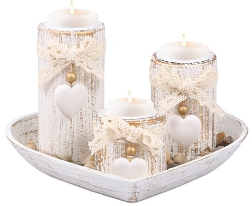 Kuanght 3Pcs Candle Holder Set with Wooden Tray, Vintage Tealight Holders Candlestick Holder for Wedding, Party, Dining Table and Birthday Gift, Romantic Home Decoration
