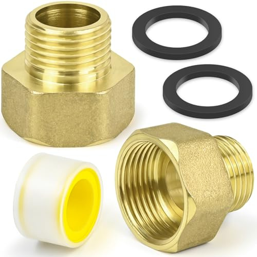 CONJURAIDE 2 Stück Reduzierung 3/4 auf 1/2, Messing Reduzierstück Adapter 3/4 Zoll auf 1/2 Zoll mit 2m Gewindedichtband und 2 Gummidichtung Adapter für Wasserleitungen (AG Ø 20mm x IG Ø 25mm)