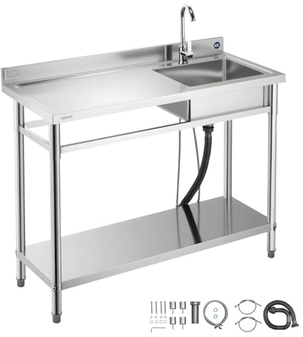 VEVOR Fregadero de Acero Inoxidable, 120 x 50 x 94 cm, Un Seno con Grifo de Agua Caliente y Fría y Estante, para Garaje, Restaurante, Lavandería, Lavabo Exterior con Encimera Izquierda, Plata