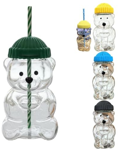 Kolarmo Cute Bear Glass Cups with Lids and Straws, 20oz Glass Coffee Cups, Cartoon Bear Shaped Glass Cup with Straws for Iced Coffee,Smoothie,Cocktail,Beer,Whiskey (Green)