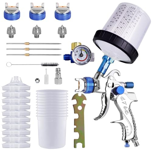 HVLP Lackierpistole Set-Spritzpistole mit 10 Einwegbechern(600ml) und Manometer, Auto-Spritzpistolen-Set mit 3 Düsen(1.4/1.7/2.0 mm),Farbmischung, Schnellbecher für Zuhause