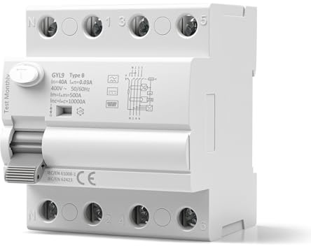 Disjoncteur Differentiel 30mA 40A Type B AC400V Interrupteur Différentiel RCCB Disjoncteurs électriques Rail DIN pour systèmes Photovoltaïques et Stations de Recharge(GYL9-4P-40A-0.03A)
