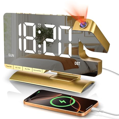 Sukeen Wecker mit Projektion, Wecker Digital 180° drehbarem Projektor, 7.3 Projektionswecker mit Dual-Alarm, Schlummern, Wochentagsanzeige, 6 Helligkeitsstufen, 5 Lautstärkestufen, Ladeanschluss Gold
