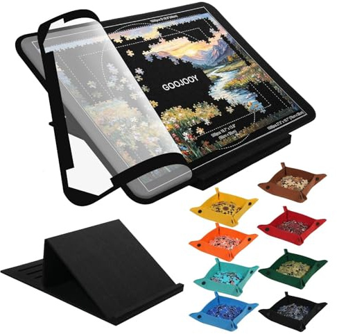 GOOJOOY Puzzlebrett 1000 Teile, Puzzle Brett, Puzzle Tisch Filz, | mit 5-stufigem Patentiertem Verstellbarer Ständer 33°, 31°, 28°, 23°, 17°, 8 Sortierer, Rutschfestes, Leichtes, Tragbares