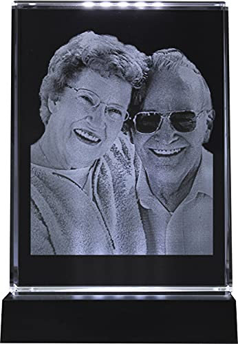 Galerie Kristall Massiver selbststehender Glas-Frame mit Wunsch-Foto und Wunsch-Text (105 x 140 x 35 mm, Hochformat, inkl. schwarzem LED-Lichtsockel mit Batterien)