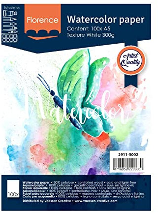 Vaessen Creative Florence Aquarellpapier, Quadratisch, Weiß, 300 g/m² Strukturiertes Papier, 50 Blatt für Aquarellmalerei, Handlettering und Brush Lettering