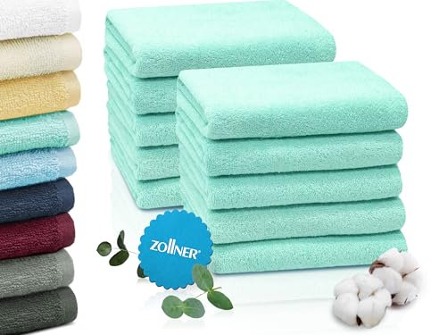 ZOLLNER 10er Set Handtücher in 50x100 cm - saugstarke und weiche Duschtücher in Mint - mit praktischem Aufhänger - waschbar bis 60°C - Baumwolle - Hotelqualität