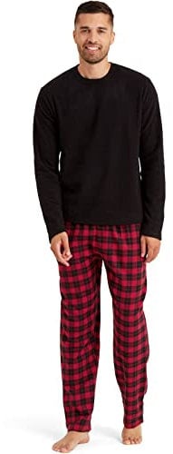 Snuggaroo Pigiama da uomo in morbido pile a quadri, nero/rosso, L, nero/rosso, L