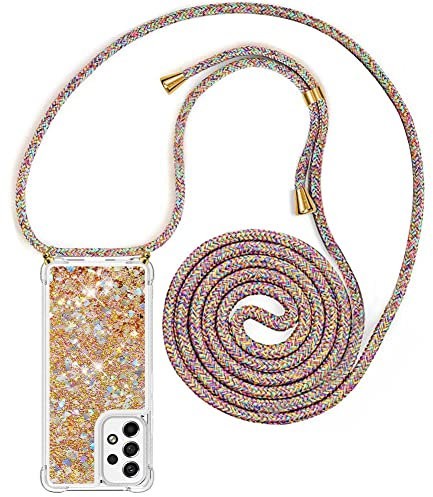 YuhooTech Collier pour Samsung Galaxy A53 5G Coque Glitter Quicksands étui de téléphone avec Cordon, Tour de Cou Lanière en Corde Housse pour Smartphone Lanyard Case - Cover Necklace Stylée