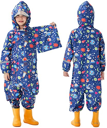 Fewlby Kids Rain Suit for Boys One Piece Hoodie Zipper Cartoon Waterproof Coverall Toddler Rain Jacket, 1-3 Years S Size