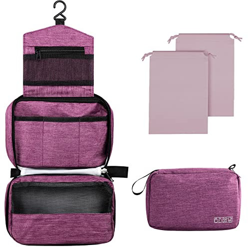 Larkumio Trousse de Toilette Homme Femme Voyage, Trousse de Maquillage Grande Capacité à Suspendre avec Crochet et Poignée, 1 Pochette Maquillage + 2 Sac à Cordon, Violet