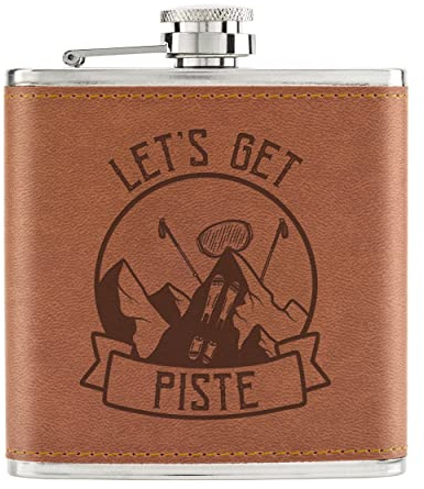 Let's Get Piste Pissed Skiing 6oz PU Leather Hip Flask Tan