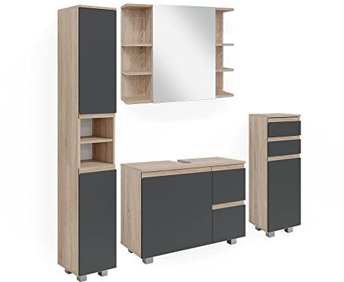 Vicco Badmöbel-Set J-Shape, Badezimmerschrank-Set, Sonoma/Anthrazit, 4 Teile