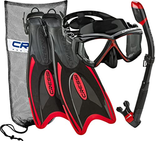 Cressi Italienisches Design Panoramablick Gehärtetes Glas Linse Schnorchel Maske Trocken Schnorchel Palau Lange Schnorchelflosse Maske Fin Schnorchel Set mit Tragetasche für Damen und Herren