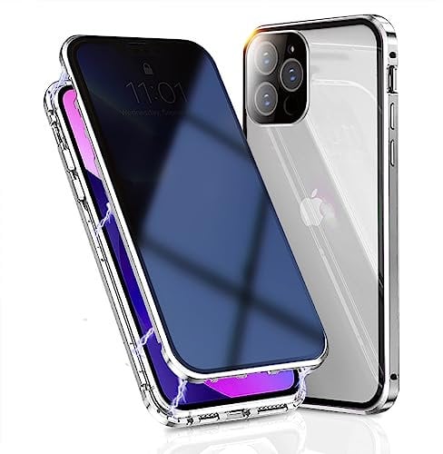 OMGZONE Privacy Case for iPhone 12 Pro Max Magnetic Cover,Screen Protector built-in Anti-peep Tempered Glass Full Cover with Camera Protector,360 Degree Metal Bumper Case for iPhone 12 Pro Max,Silver