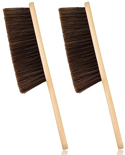 2-Piece Wooden Dust Brush with Long Wood Handle - Soft Bristle Bench & Counter Brush (Brown)