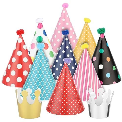 Lot de 11 chapeaux de fête d'anniversaire, chapeaux colorés et réglables en papier pour enfants et garçons, couronnes d'anniversaire élastiques pour fournitures et décorations de fête en classe