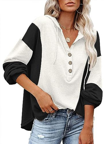 PLOKNRD Kapuzenpullover Damen Langarm Knöpfen Pullover mit Kordelzug Freizeit V-Ausschnitt Hooded Henley Sweatshirt Klassisch(Schwarzer Block, M)