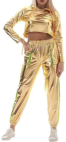 90er Jahre Outfit Damen Mottoparty 80er Jogginganzug Damen Set Glitzer Metallic Langarm Kapuzen Crop Top+Cargohose Jogginghose 2tlg Trainingsanzug Gym Freizeitanzug New Kids Kostüm Golden M