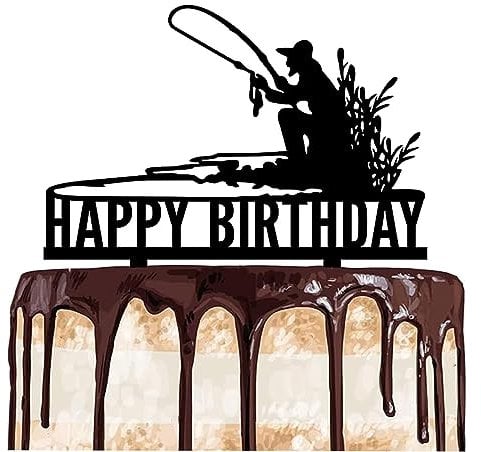 Silars Cake Topper Fishing, Acrylic Cake Decoration Angler Happy Birthday Cake Decoration Fishing Cake Decorations for Fishing Theme bBirthday Cake in Bbirthday Party