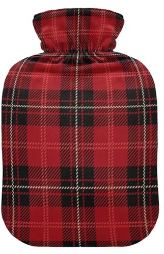 Retro Scotland Red Tartan Plaid Hot Water Bottle and Cover Soft Warm for Winter Bed Hand Neck and Shoulders,2 L