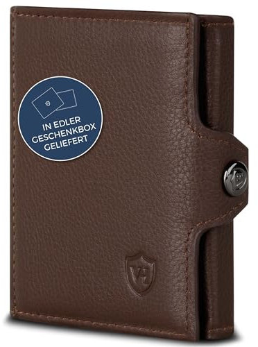 VON HEESEN Slim Wallet mit XXL Münzfach & RFID-Schutz - Mini Geldbörse Herren & Damen - Kartenetui Kreditkartenetui - Portmonee Geldbeutel Portemonnaie klein Braun