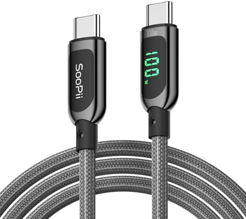 SooPii 100W USB-C-auf-USB-C-Kabel, 1,2 m Schnellladekabel mit LED-Anzeige, PD 5A Typ-C-Ladekabel für lPhone 15/Pro/Plus/Pro Max, lPad Air, MacBook, Galaxy S23/S22, Pixel, LG (Grau)