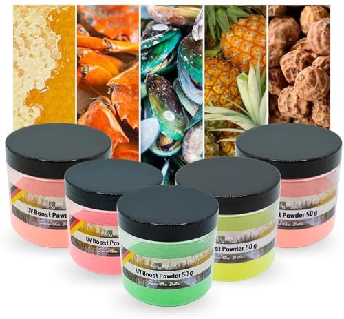 Zite Fishing UV Boost Powder Set - 5x50g Bait Dip für Karpfen-Köder - Boilies, Pop Ups, Pellets & Mehr - 5 Aromen von Ananas bis Monster Crab