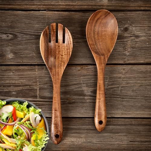 2 Pcs Salad Servers, Reusable Salad Spoon and Fork Set, Wooden Forks and Spoons with Long Handle for Salad Rice Soup in Family Kitchen Restaurant, Kitchen Utensil