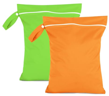 Moorle 2 Stück Nassbeutel 40 x 30 cm, Wasserdichter Wäschesack Orange & Grün, Wiederverwendbarer Reise Nasssack mit Reißverschluss, Klein Nasstasche Schwimmen für Badeanzüge, Strandtücher, Windeln