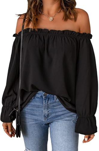 ROFUSSO Damen Oberteile Elegant Langarm Schulterfrei Oberteil Off Shoulder Langarmshirt Lässige Langarm Blusen Tuniken