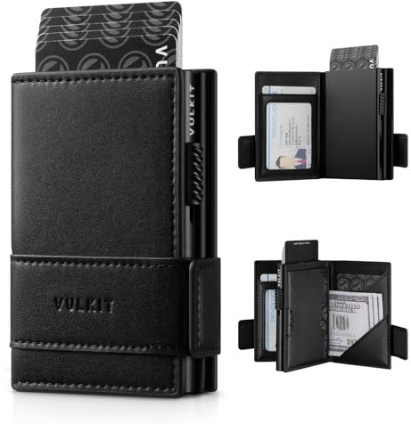 VULKIT Card Holder Bifold Pop Up Leather Wallet for Men RFID Blocking Metal Card Case, Hold 9 Cards and Banknotes, with ID Card Slot Window and Zipper Coin Pocket (Black)