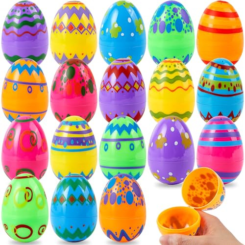 JOYIN 18 Stück 8 cm Ostereier zum Befüllen, Bedruckte Bunte Plastikeier zum Befüllen, Leere, in großen Mengen, für Osterjagd, Korbfüller, Klassenzimmer Zubehör