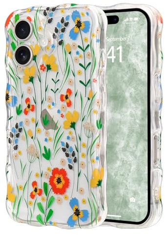 Micoden Cute Curly Wave Case for iPhone 16,Clear with Anti-Yellowing Flower Floral,Soft TPU Slim Bumper Shockproof Anti-Scratch Protective Wavy Cover for Girls Women-Orange