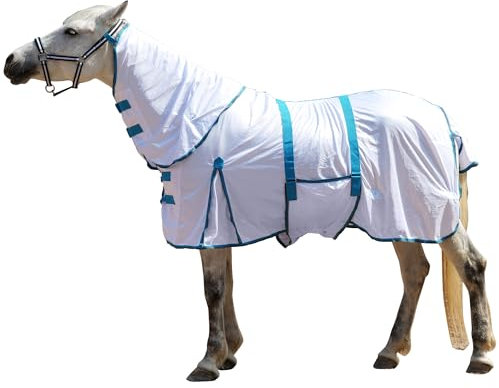 Gallopoff Fliegendecke Pferde mit Halsteil – atmungsaktive Sommerdecke mit UV-Schutz und Scheuerschutz, Verstellbarer Brustverschluss, Bauchgurte, Beinschnüre und Schweiflatz White 140 cm