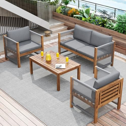 Lubvtti Set da giardino con tavolo e sedie, con divanetto, 2 poltrone e tavolo, effetto rattan, acacia, grigio (cuscini inclusi)