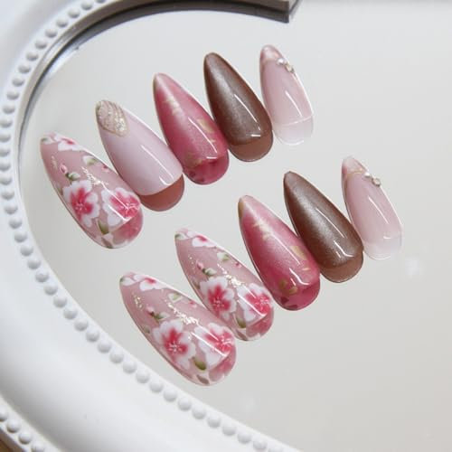 SXVME Handmade Press on Nails Almond Medium with Glitter Pink Cateye Design French False Nails Set Flowers Gold Sequins Full Cover Glossy Gel Stick on Nails for Women Finger Decoration 24 Pcs