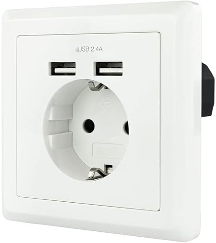 Base de enchufe de pared Schuko con 2 puertos USB (máx. 2.4A) en color blanco; perfecta para cargar dispositivos electrónicos y electrodomésticos.