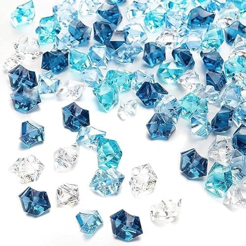 Decorative Acrylic Ice Crystals, Mix-Blue and Clear, 200 Pieces Clear Acrylic Crystal Chunks, 11 * 14 mm Geometric Shapes Fake Acrylic Ice Rocks for Party Table Scatter Gems, Wedding Vase Filler