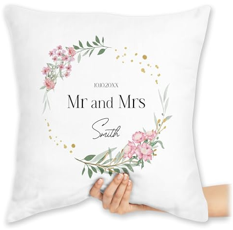Kissen 40x40 Zierkissen - Hochzeit - Mr And Mrs Name Blumen - 40 x 40 cm - Weiß - personalisiertes hochzeits & personalisierte hochzeitstag und für hochzeitsgeschenk zuckerhochzeit married