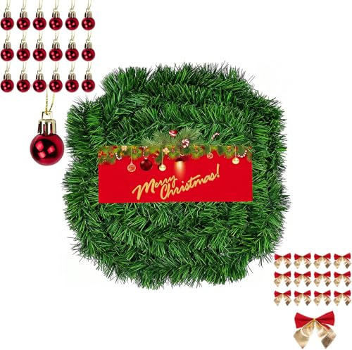 Tapsin 22m Weihnachtsgirlande mit 45Weihnachtsschleifen 45Weihnachtskugeln | Dekoration DIY künstliche Kieferngirlande für den Innen- und Außenbereich Diese Tannengirlande erfreut die ganze Familie