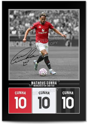 Matheus Cunha Manchester United Signed Photo Poster Print Picture Display Framed Autograph Memorabilia for Football Fans Gift Man Utd Brazil (A3 Poster Only Black)