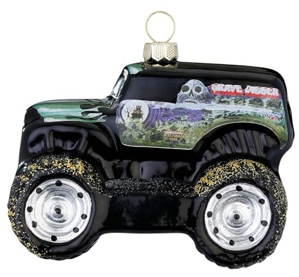 Christbaumschmuck Glas 9cm - Monstertruck Figur zum Aufhängen - handbemalt - Weihnachtsbaum Anhänger für Weihnachten - Christbaumanhänger & Weihnachtsbaumschmuck - Fahrzeuge Truck Schwarz