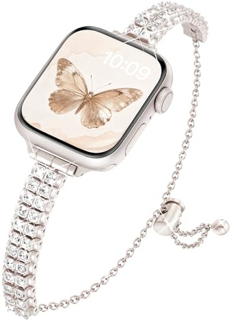 Vamyzji Compatible with Apple Watch Strap 40mm 38mm 41mm 42mm 44mm 45mm 46mm 49mm Women, Slim Bling Diamond Metal Jewelry Bracelet for Apple Watch SE/SE2/SE3 Series 11 10 9 8 7 6 5 4 3 2 1,Ultra 3 2 1