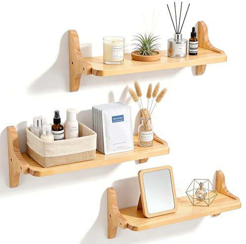 Eirolace Lot de 3 Étagère Flottante, Étagère Murale Cuisine Salle de Bain Bois de Pin 40cm, Etagère Murale Bois pour Salon, Chambre à Coucher, Chambre